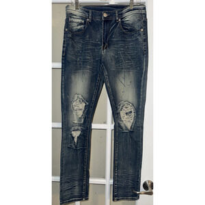 Men’s Distressed Skinny Jeans Blue Denim Ripped Knees Faded Wash 32 x 31